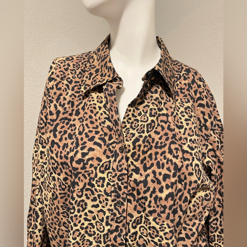 CHAPS Plus Women’s Black & Brown Cotton Animal Print BD LS Shirt Size 1X - Picture 2 of 11